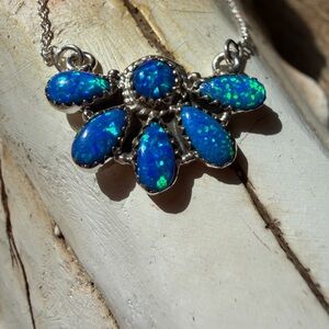 Blue Opal Teardrop Pendant Necklace Sterling Silver - Women Jewelry